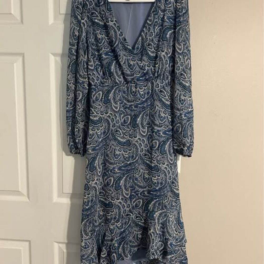 Lucky Brand Women’s Small Blue Paisley Long Sleeve Midi Dress Elastic Waist Boho